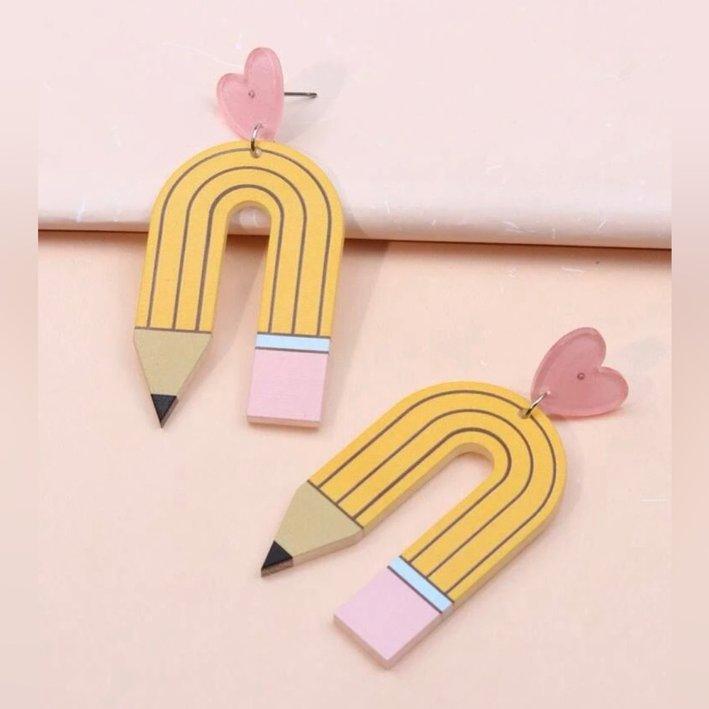 New! Back to School Heart & Pencil Drop Earrings